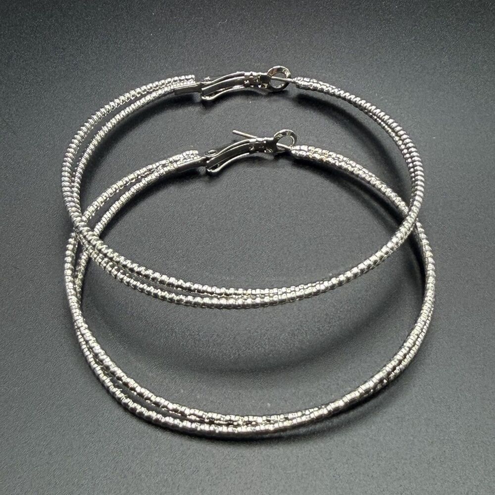 Large Silver Textured Hoop Earrings Textured Beaded Twist Rope Dangle Classic